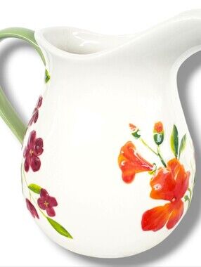 Home Studio Garden Bouquet Pitcher Raised Hand Painted Floral White Red Embossed